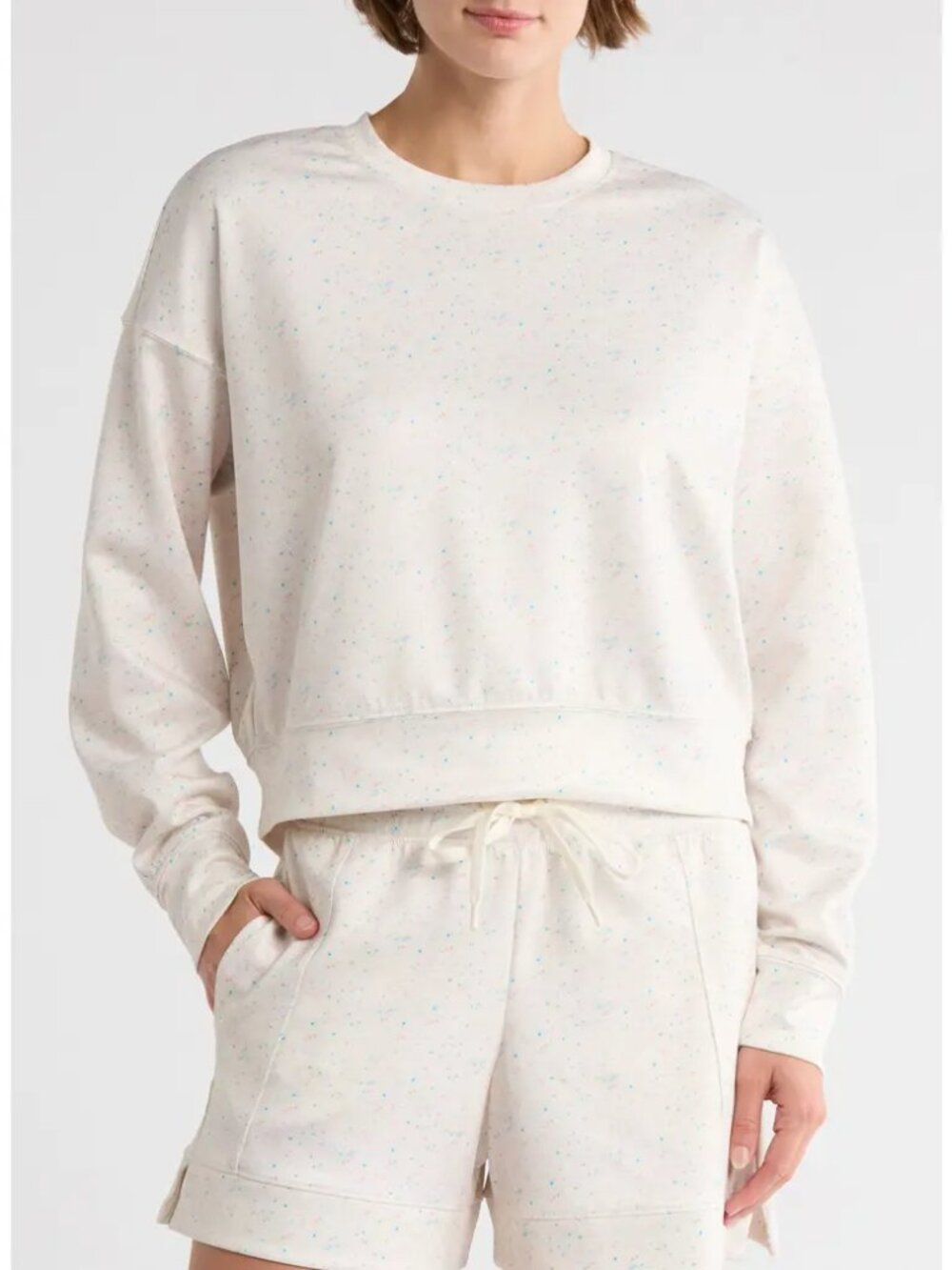 Tranquility Confetti Scuba Knit Crewneck Cropped Pullover - Medium - NWOT